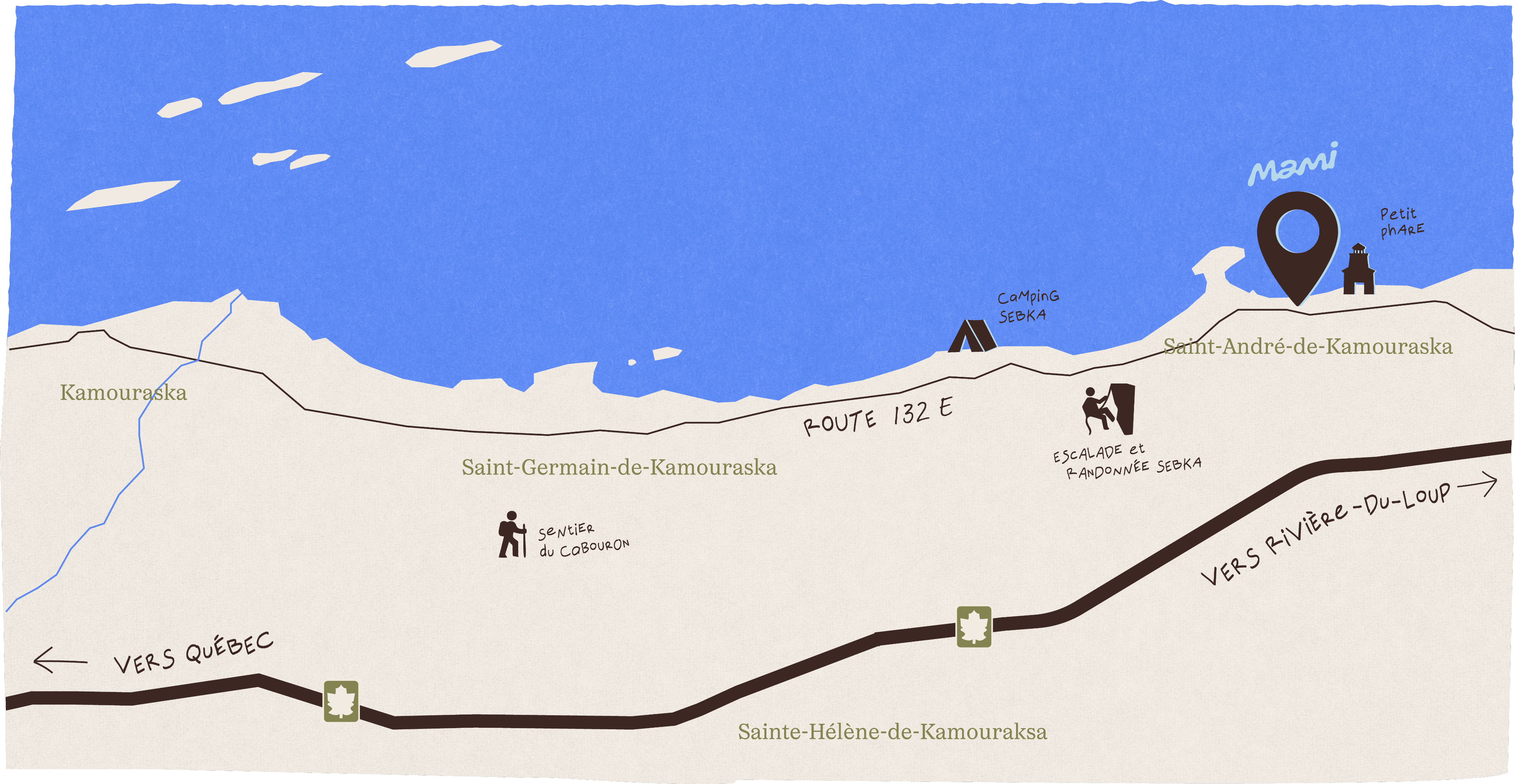 Carte illustrée montrant l'emplacement du Mami Café à Saint-André-de-Kamouraska.